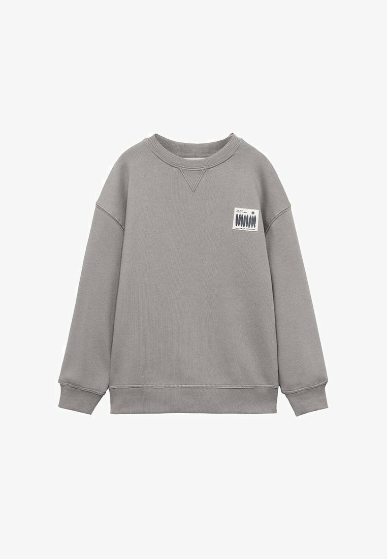 Šedá bavlněná mikina s kulatým výstřihem, spadlými rameny, žebrovanými manžetami a malou značkovou nášivkou s postavami na přední straně.