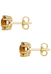 Aukso spalvos auskarai su akmeniu, kuris yra supakuotas į kryžminę metalinę dizainą. Lygus paviršius ir saugus užsegimas.