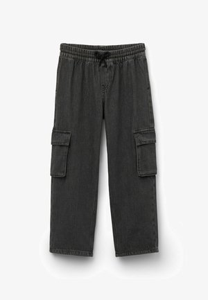 Pantalons cargos en denim noir avec un waistband à cordon de serrage, deux poches cargo latérales et une coupe décontractée. Comprend des détails de couture subtils.