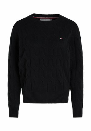 Maglione nero a maglia con colletto rotondo e orlo e polsini a coste. Presenta un piccolo dettaglio logo sul petto. Tessuto morbido.
