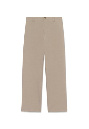 Béžové široké nohavice z ľahkej tkaniny. Majú zapínanie na gombíky vpredu a púzdra na opasok. Jednoduchý dizajn bez viditeľných vzorov.