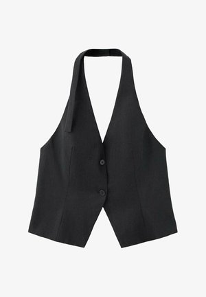 Gilet noir à col licou avec deux boutons devant et une coupe ajustée, présenté sur fond blanc.