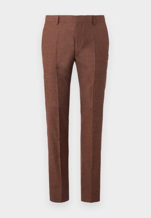 Braune Leinenhosen mit strukturierter Oberfläche, haben ein schlankes Design, gestickte Vorderfalten und zwei seitliche Taschen.