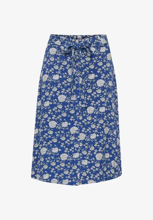 Modra cvetlična midi krila s vezanjem v pasu, okrašena z belimi in bež cvetnimi vzorci, mehkega otipa in ravnim krojem.