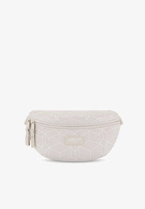 Neceser de cosméticos de patrón geométrico beige con cierre de cremallera, hecho de tela texturizada, con etiqueta de logo y forma redondeada.