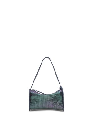 Bolso pequeño rectangular con una sola correa, negro con una superposición de malla iridiscente verde y púrpura y cierre de cremallera.