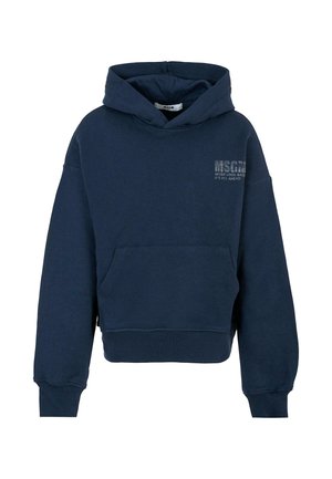 Hoodie cropped blu navy realizzato in morbido cotone. Presenta una tasca frontale, cappuccio con cordino e design del testo del logo in argento sul petto.