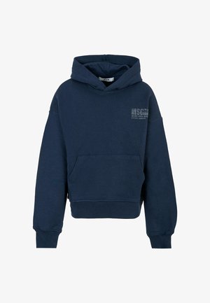 Hoodie cropped blu navy realizzato in morbido cotone. Presenta una tasca frontale, cappuccio con cordino e design del testo del logo in argento sul petto.