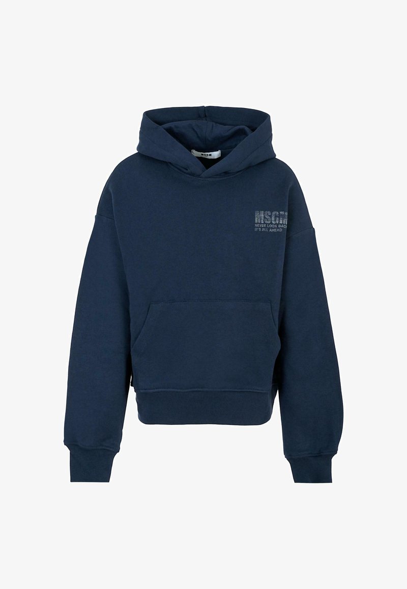 Hoodie cropped blu navy realizzato in morbido cotone. Presenta una tasca frontale, cappuccio con cordino e design del testo del logo in argento sul petto.