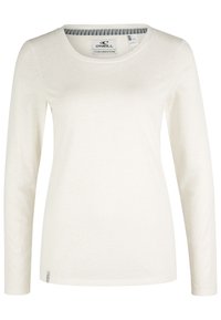 Langarm-T-Shirt mit Rundhalsausschnitt in Off-White. Hergestellt aus leichtem Stoff mit einer dezenten Textur; verfügt über einen gestreiften Akzent innerhalb des Kragens.