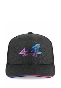Czarna czapka baseballowa z teksturowanym wzorem i zakrzywionym daszkiem. Posiada duże, gradientowe logo w odcieniach niebieskiego i różowego.