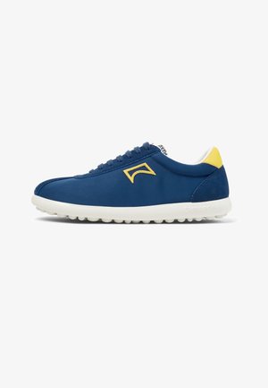 Blue sneaker with a smooth textile upper, yellow accents, white rubber sole, and lace-up design. Features rounded toe and subtle branding.