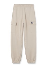 Beige Cargo-Hosen mit einem elastischen Bund, schmal zulaufenden Knöcheln, zwei Seitentaschen und zwei Cargo-Taschen. Weicher Stoff mit glatter Textur.