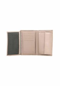 Portefeuille compact avec un extérieur en cuir beige clair, doté de plusieurs emplacements pour cartes, d'une section texturée gris foncé et de compartiments intérieurs lisses.