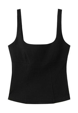 Zwarte mouwloze top met vierkante hals, nauwsluitend model met brede bandjes en paneeldetails aan de voorkant.