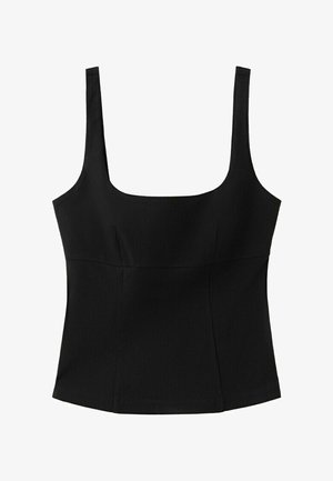 Zwarte mouwloze top met vierkante hals, nauwsluitend model met brede bandjes en paneeldetails aan de voorkant.
