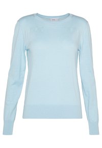 Pull bleu clair en tissu doux, avec un col rond, des manches longues, un ourlet côtelé et un détail subtil de texture sur les épaules.