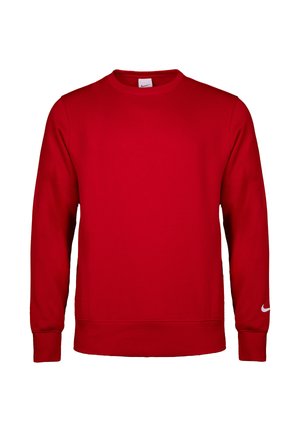 Sweat-shirt rouge à col ras du cou avec manches longues, poignets et ourlet côtelés, et petit logo Nike blanc sur le poignet gauche.