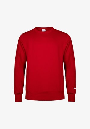 Rode crewneck trui met lange mouwen, geribbelde manchetten en zoom, en een klein wit Nike-logo op de linker pols.