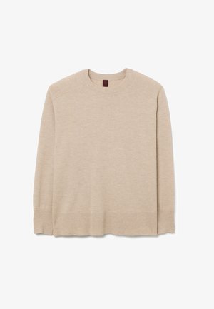 Pullover beige realizzato in morbido tessuto a maglia, con scollatura a girocollo, maniche lunghe, polsini a coste e una vestibilità leggermente rilassata.