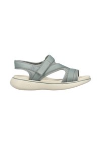 Light green sandal with adjustable straps, cushioned white sole, and textured footbed. Features open toe design and curved silhouette.