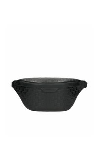 Schwarze Taillentasche aus strukturiertem Leder mit kariertem Muster und verstellbarem Riemen, vorne in der Mitte mit dem "Wojec"-Etikett gebrandet.
