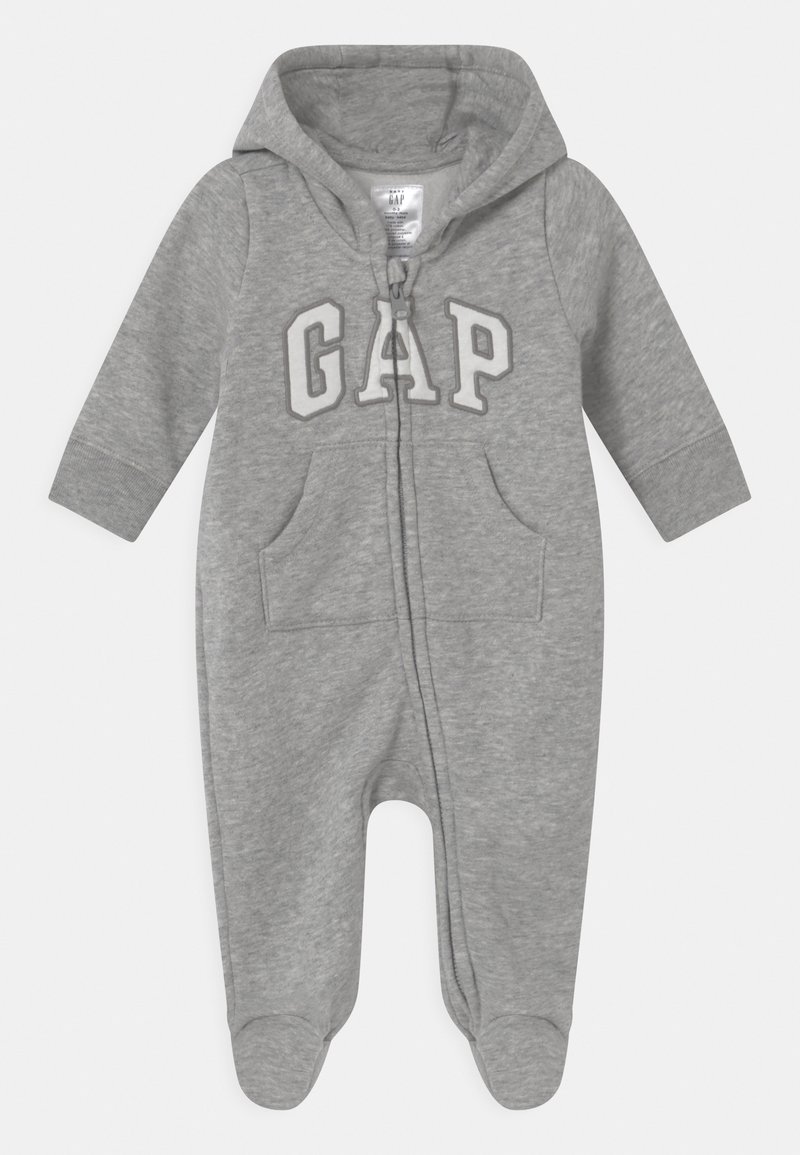 Gray infant fleece onesie with hood, features a front zipper, two pockets, and 'GAP' logo in white and gray on the chest.