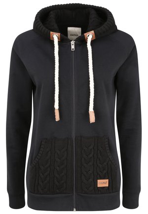 Sudadera negra con cremallera, con un bolsillo frontal de punto trenzado texturizado, forro de capucha negro en contraste y cordones de crema con extremos de cuero.