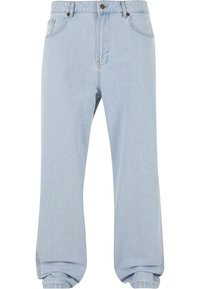 Svetlo modri jeans hlače s sproščenim krojem, z gumbom za zapiranje, dvema sprednjima žepoma in zavihanimi robovi na gležnjih.