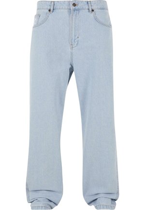 Light blue denim pants with a relaxed fit, featuring a button closure, two front pockets, and cuffed hems at the ankles.