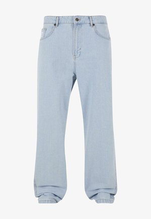 Heledad sinine denimipüksid, millel on mugav lõige, nupuga kinnitamine, kaks esi-taskut ja pahkluude juures üles keeratud äär.