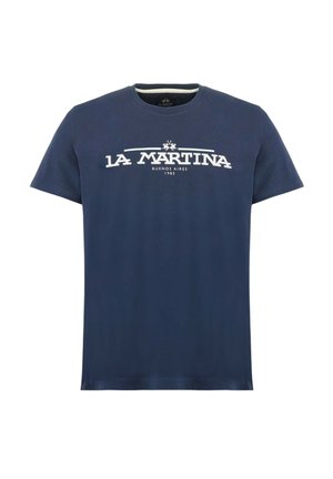 Mörkblå t-shirt med kort ärm med vit "La Martina Buenos Aires 1985" logotyp centrerad på bröstet.
