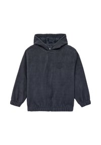 Mørkegrå fleece-hoodie med frontlynlås, elastiske manchetter og hætte, vist fladt på en hvid baggrund.