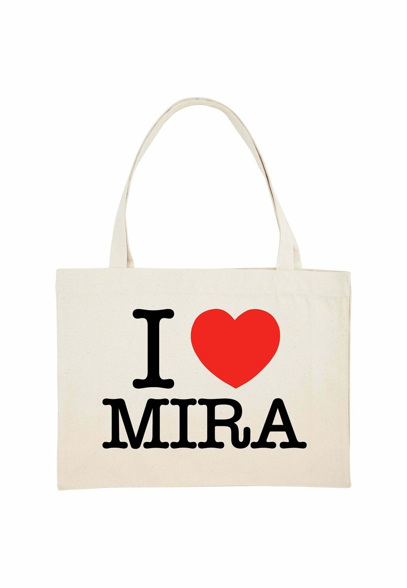 Borsa in cotone bianco sporco con la scritta "I ❤️ MIRA" stampata in nero e rosso. Presenta manici robusti e un design semplice e minimalista.