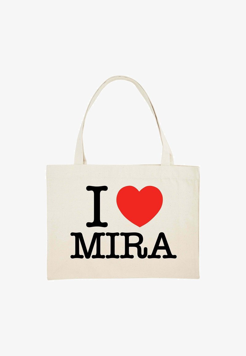 Borsa in cotone bianco sporco con la scritta "I ❤️ MIRA" stampata in nero e rosso. Presenta manici robusti e un design semplice e minimalista.
