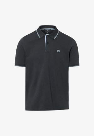 Dunkelgraues Polohemd mit kurzen Ärmeln, zwei schwarzen Knöpfen, hellblauem Besatz am Kragen und an den Ärmeln sowie einem kleinen weißen, gestickten Logo auf der Brust.
