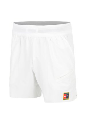 White athletic shorts made of lightweight fabric, featuring a mesh waistband, an angled side pocket, and a multicolored Nike logo patch.