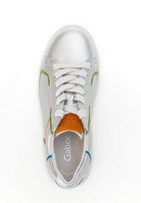Silver sneaker with mixed materials; features green, orange, and blue accents, white laces, and a round toe design.