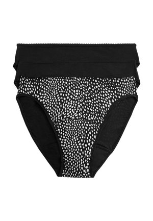 Trois culottes style hipster pour femmes, deux unies noires et une noire avec un motif de points blancs irréguliers, empilées à plat sur fond blanc.