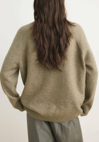 Olijfgroen gebreid sweater met een ontspannen pasvorm, raglanmouwen en geribbelde zoom. Zachte textuur, gezien vanaf de achterkant tegen een neutrale achtergrond.