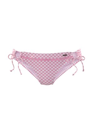 Rosa kariertes Bikini-Unterteil mit verstellbaren Bindebändern an den Seiten. Hat eine glatte Textur und einen elastischen Bund für optimalen Sitz.
