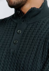 Donkergroene gebreide trui met een gestructureerd kabelpatroon, voorzien van een hoge kraag en drie zwarte knopen bij de hals.