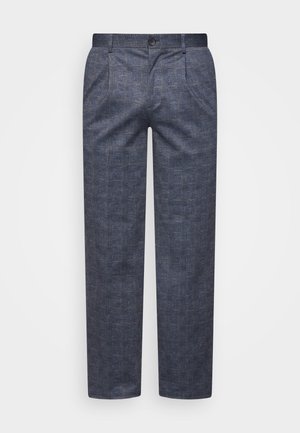 Sötétkék, textúrázott nadrág egyenes szabással, elülső gombos zárással és két oldalsó zsebbels. Diszkrét kockás mintázat látható.