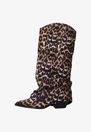 Leopard print knee-high boot made from shiny fabric with a slouched design, pointed toe, and small stacked heel for added support.
