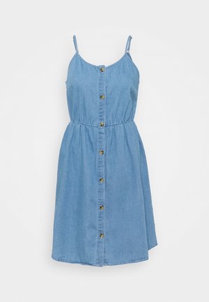 Robe sans manches en jean bleu clair avec fines bretelles, boutons sur le devant, taille élastique et jupe longueur genou.