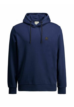 Navyblauer Hoodie mit einer vorderen Tasche, Kapuze mit Kordelzug und gerippten Bündchen. Verfügt über ein kleines Logopatch auf der oberen linken Brust. Weiche Stofftextur.