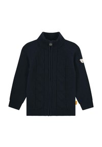 Marine gebreide cardigan met hoge kraag, volledige ritssluiting, kabelpatroon en een berenembleem op de linkermouw. Geribde manchetten en zoom.