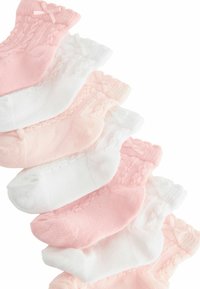 Set di sei calzini alla caviglia bianchi e rosa. Materiale in cotone morbido, texture a costine, rifiniture arricciate e piccoli fiocchi rosa sui calzini rosa.