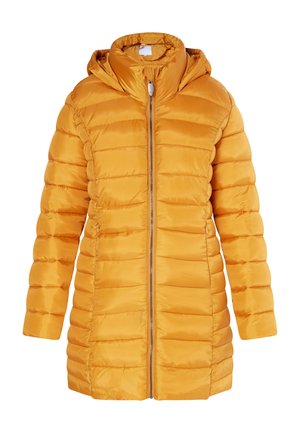 Geel pufferjack met capuchon, voorzien van een ritssluiting aan de voorkant, verticale quilting en een glanzende, soepele textuur.