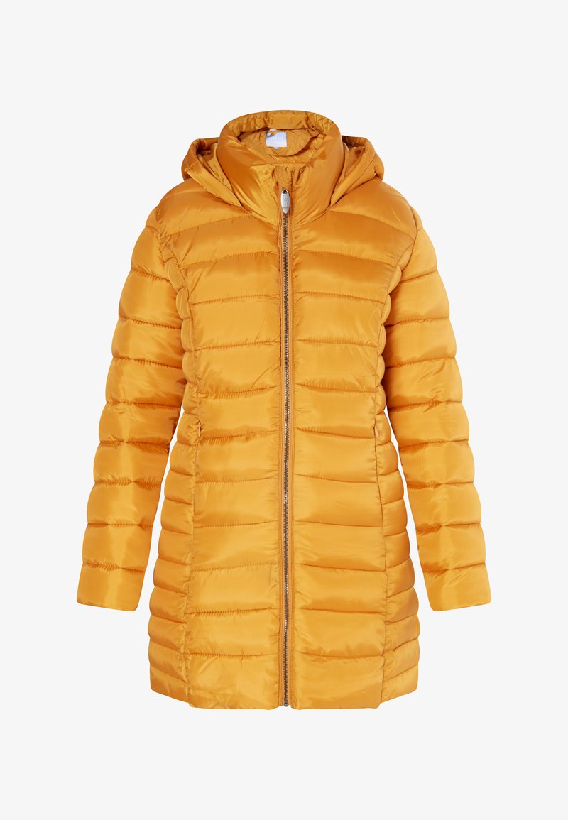 Geel pufferjack met capuchon, voorzien van een ritssluiting aan de voorkant, verticale quilting en een glanzende, soepele textuur.